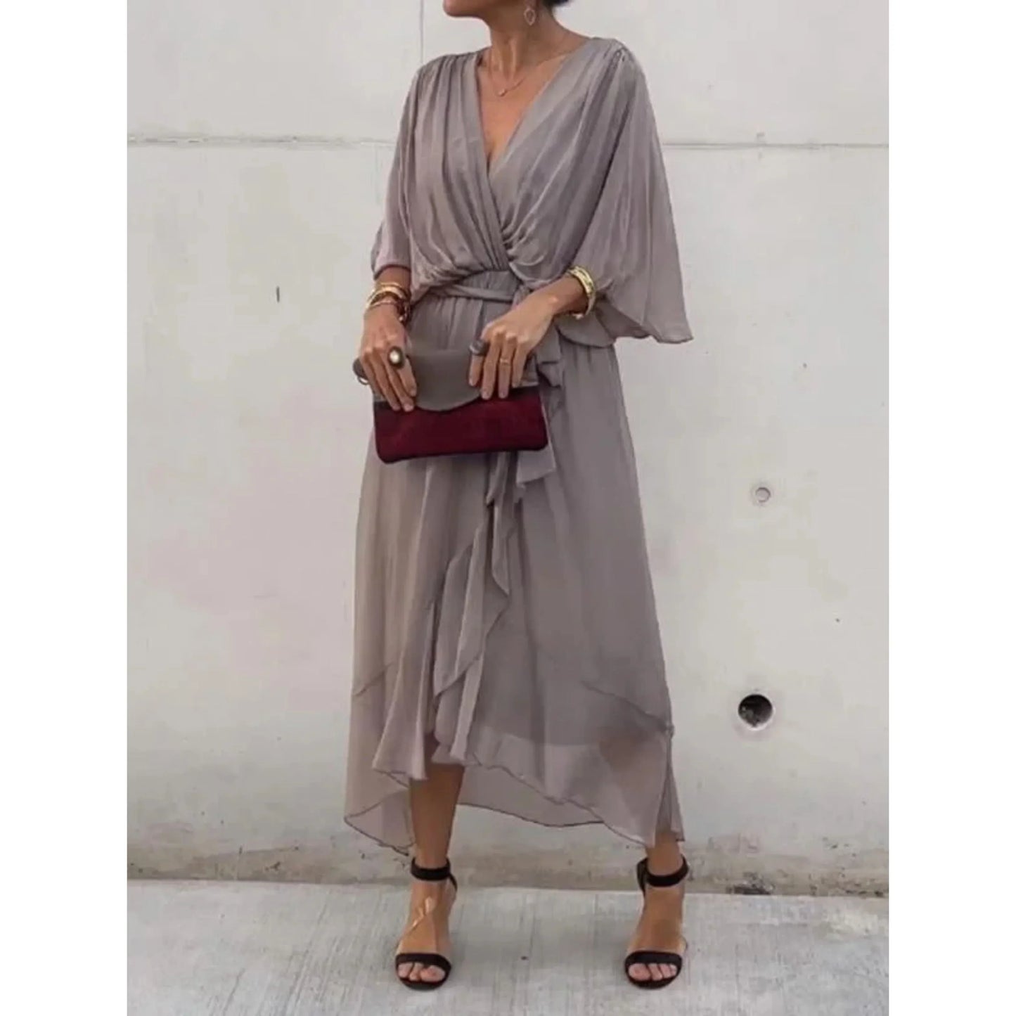 Amelie | Minimal Flowing V Neck Midi Dress