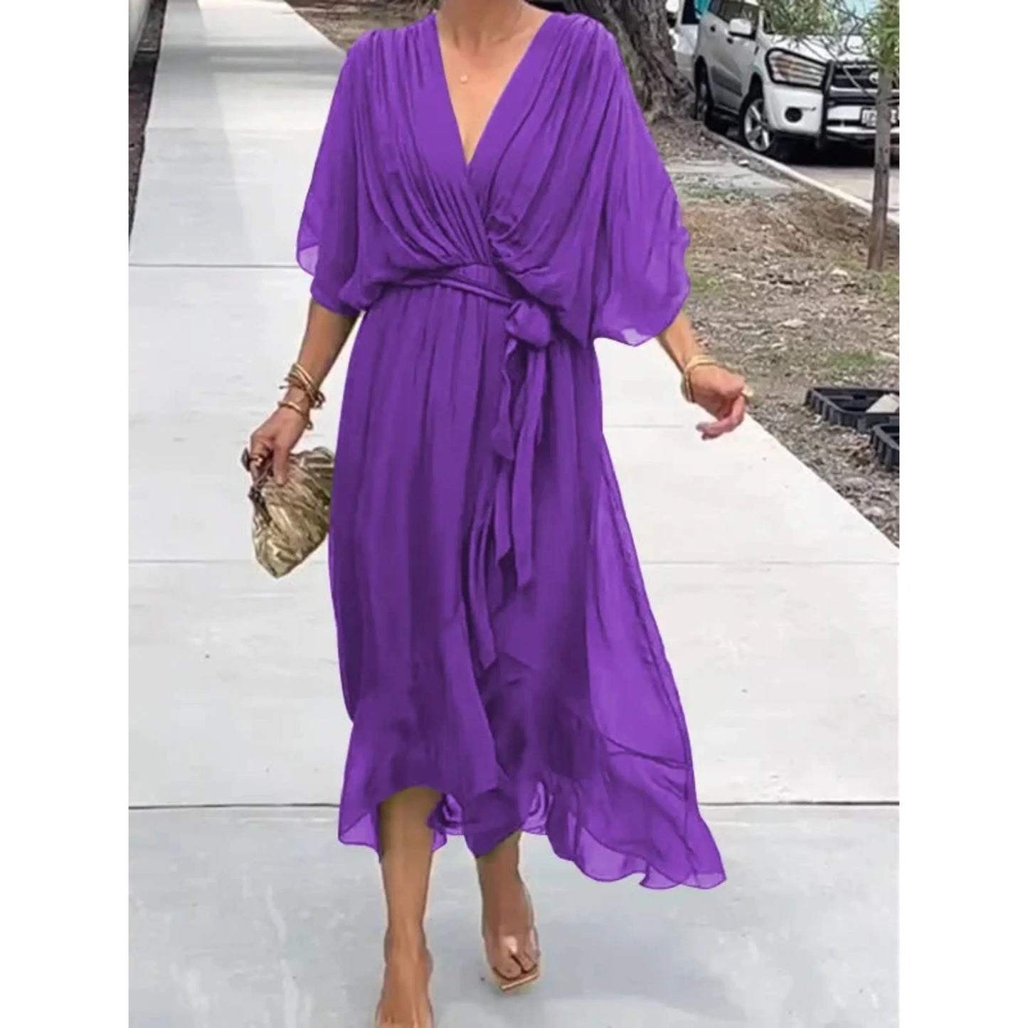 Amelie | Minimal Flowing V Neck Midi Dress
