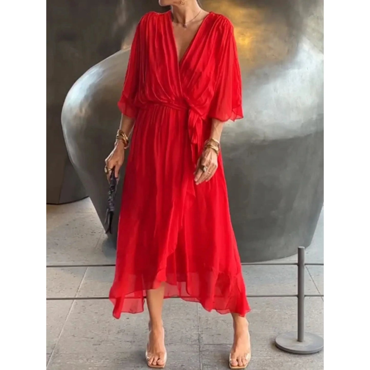 Amelie | Minimal Flowing V Neck Midi Dress