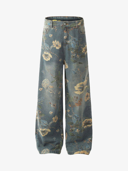 Floral Print Denim Carpenter Jeans