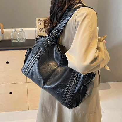 Leather Tote Bag Large Shoulder Handbag Zip Pocket Everyday Spring