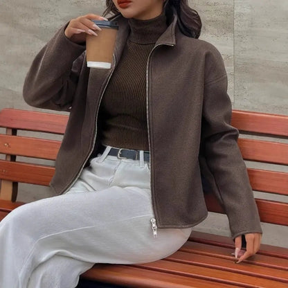 Casual short jacket with stand-up collar and zip closure