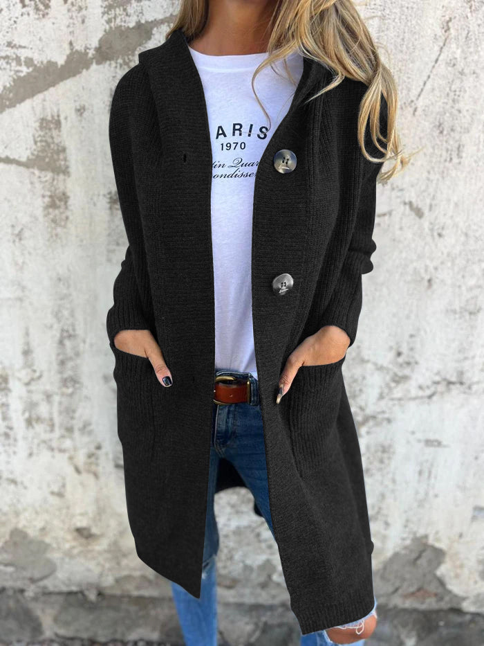 Mirela – Damen Langer Cardigan Mit Knöpfen Und Kapuze