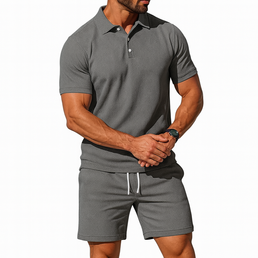 Men's Knit Polo and Shorts Set Linen Blend Co-ord Two Piece Outfit