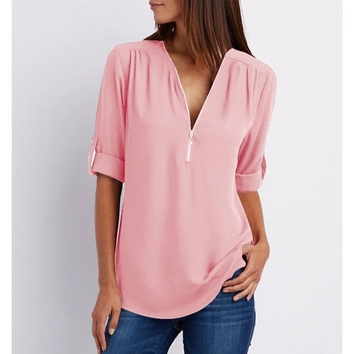 Women's Zip-Up V-Neck Half Sleeve Casual Blouse Top