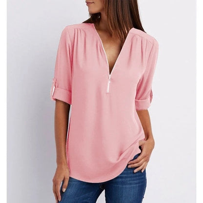 Women's Zip-Up V-Neck Half Sleeve Casual Blouse Top