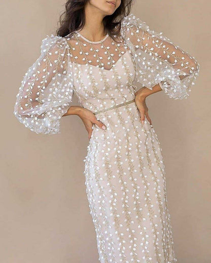Damen Transparentes Kleid mit Transparenten Puffärmeln und Blumenstickerei
