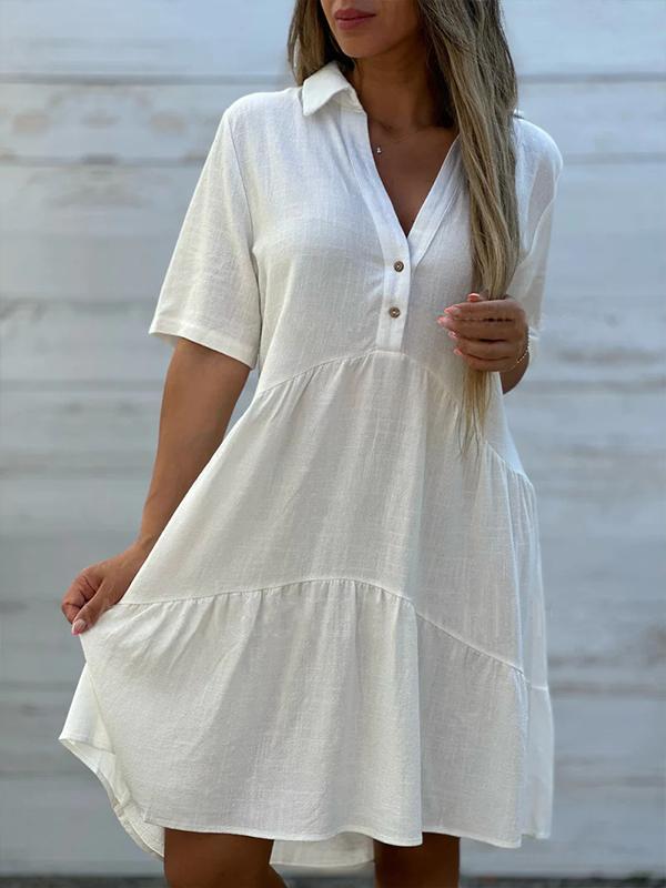 Robe Courte Femme Lin Coton Coupe Ample Col V Boutonné Été