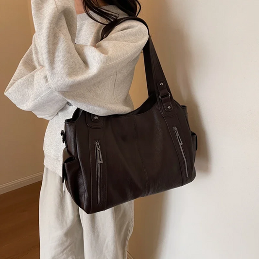 Leather Tote Bag Large Shoulder Handbag Zip Pocket Everyday Spring