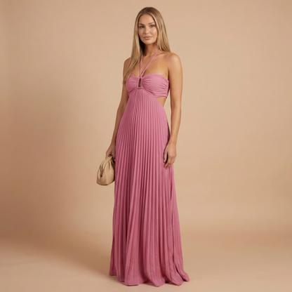 Nancy - Pleated Halter Cut-Out Maxi Dress