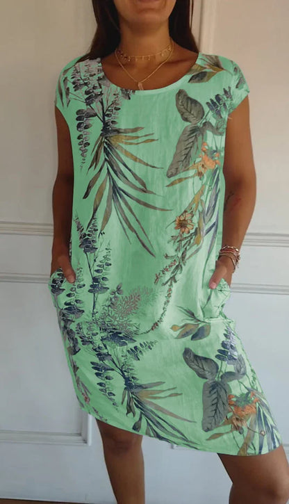 Women's Linen Tropical Print Shift Dress