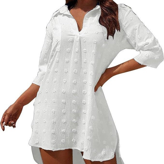 Women’s Solid-Color Three-Quarter-Sleeve Beach Cover-Up Dress – Sun-Protective Style