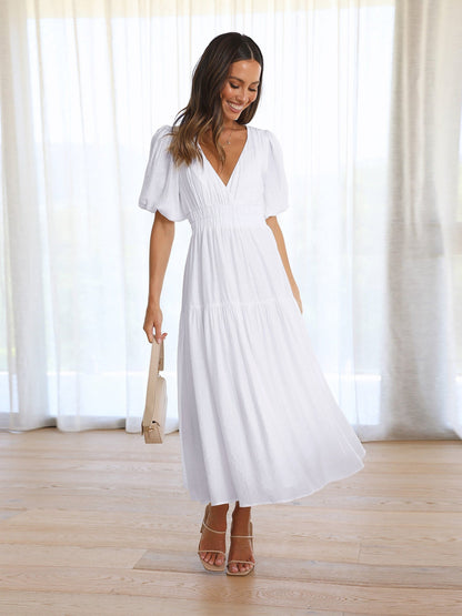 Women's V-Neck Puff Sleeve Midi Dress with Smocked Waist