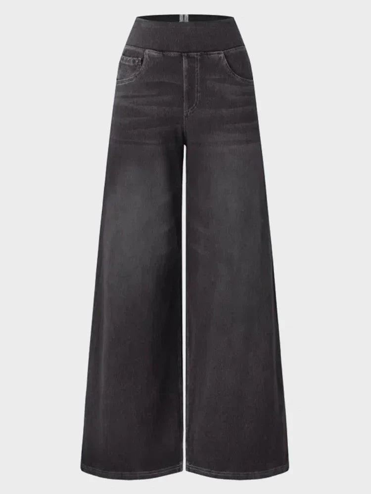 High Waisted Pockets Baggy Wide Leg Washed Casual Jeans