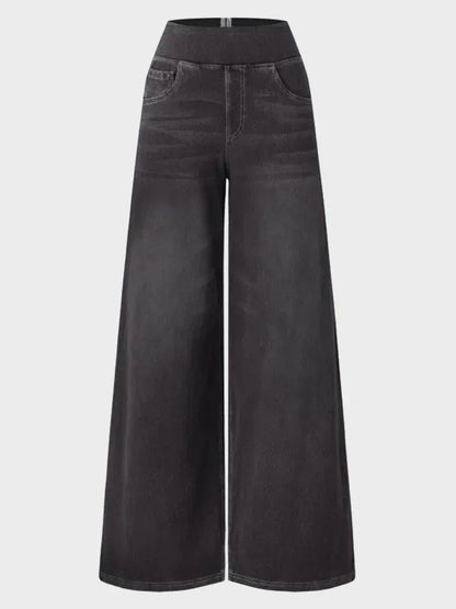 High Waisted Pockets Baggy Wide Leg Washed Casual Jeans