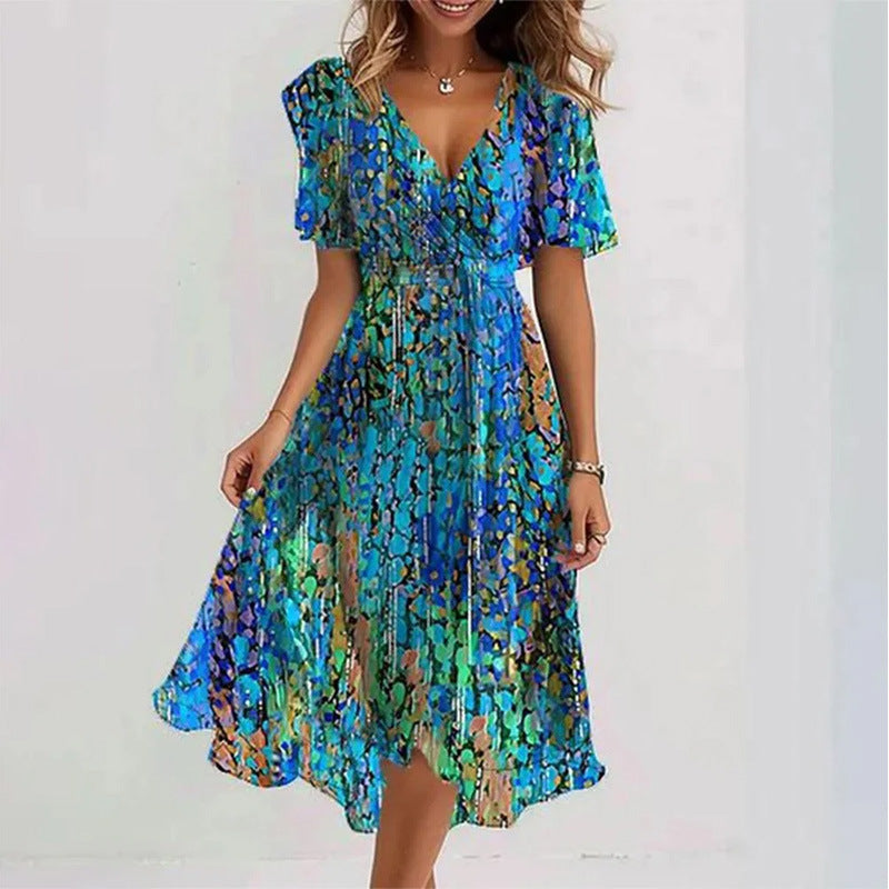 Robe Midi Femme Cache-Cœur à Fleurs – Style A-Line à Manches Courtes