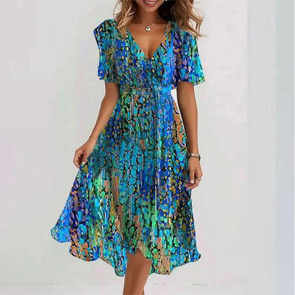 Robe Midi Femme Cache-Cœur à Fleurs – Style A-Line à Manches Courtes