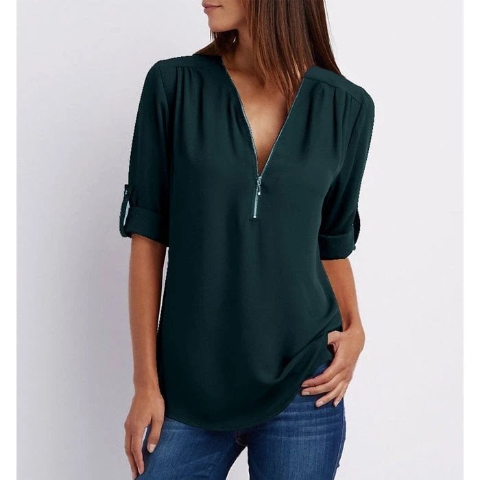 Women's Zip-Up V-Neck Half Sleeve Casual Blouse Top
