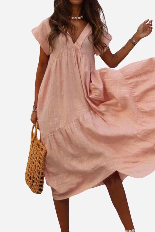 Women's V-Neck Tiered Midi Dress with Flutter Sleeves
