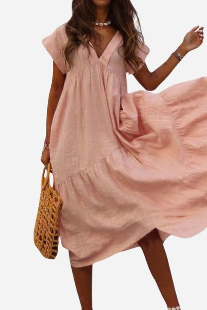 Women's V-Neck Tiered Midi Dress with Flutter Sleeves