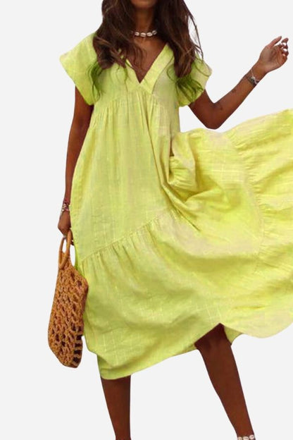 Women's V-Neck Tiered Midi Dress with Flutter Sleeves