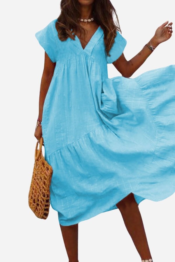 Women's V-Neck Tiered Midi Dress with Flutter Sleeves