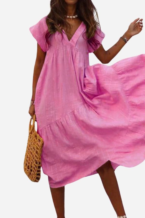 Women's V-Neck Tiered Midi Dress with Flutter Sleeves