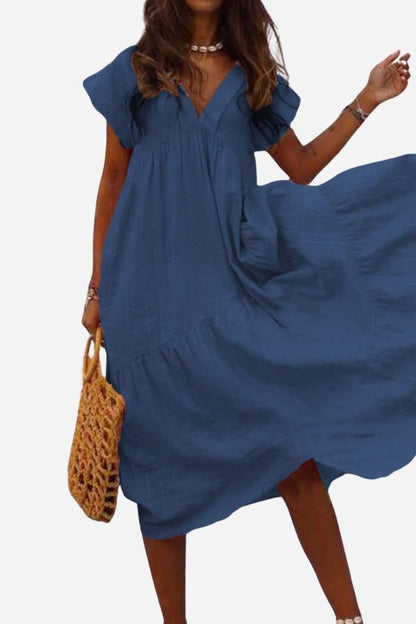 Women's V-Neck Tiered Midi Dress with Flutter Sleeves