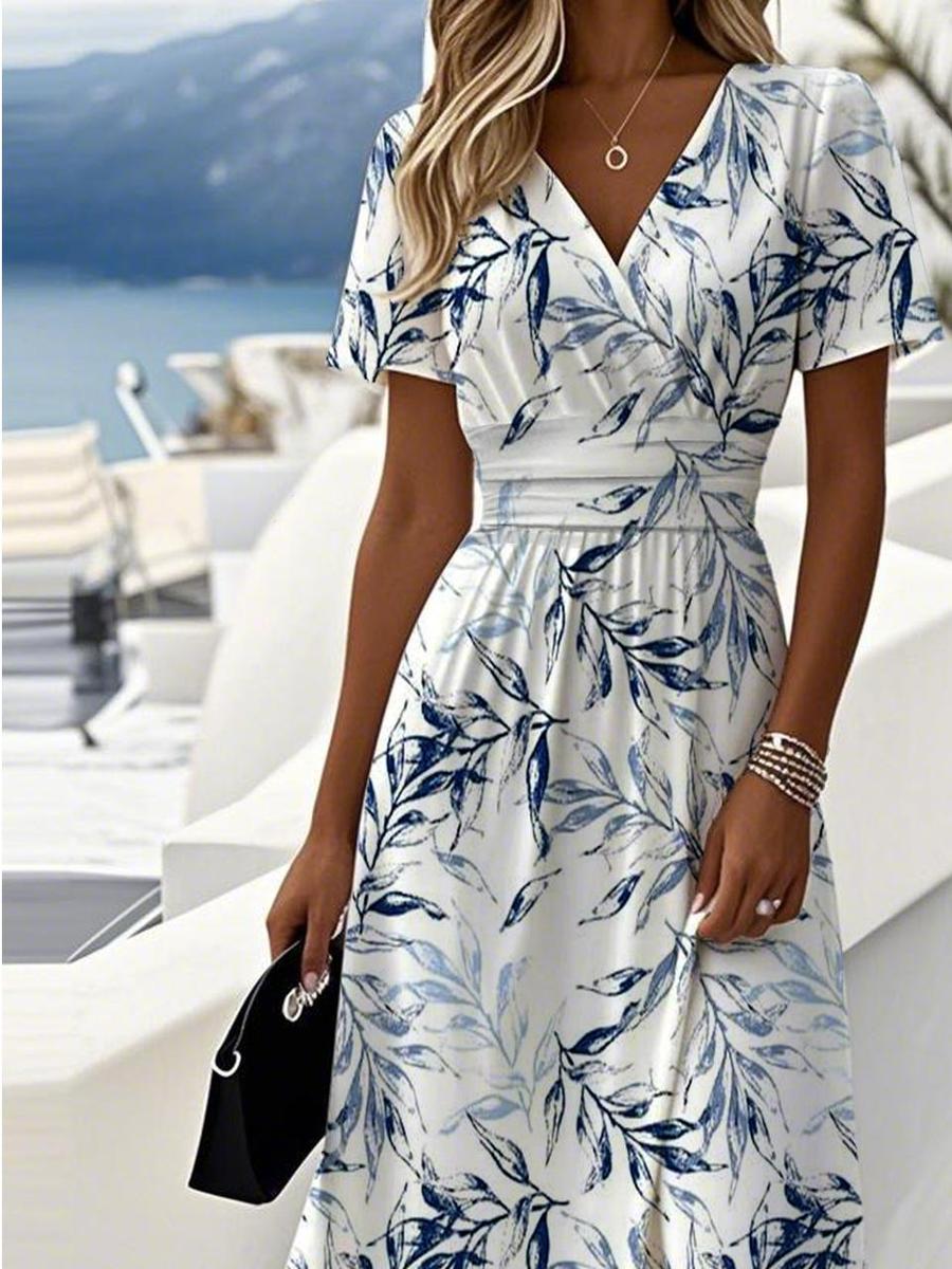 Robe Midi Fleurie Élégante Femme Col V – Silhouette Évasée à Manches Courtes