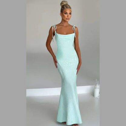 Women’s Graceful Draped Maxi Dress – Sleek Evening Look with Tie Detail