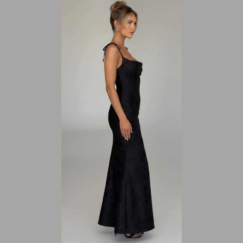 Elegancka wieczorowa suknia damska z dekoltem typu cowl – sukienka maxi z wiązaniem na plecach