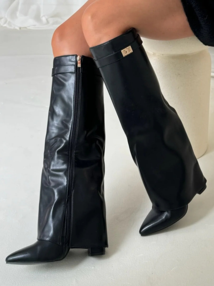 Women’s Thigh High Boots Vegan Leather Buckle Detail