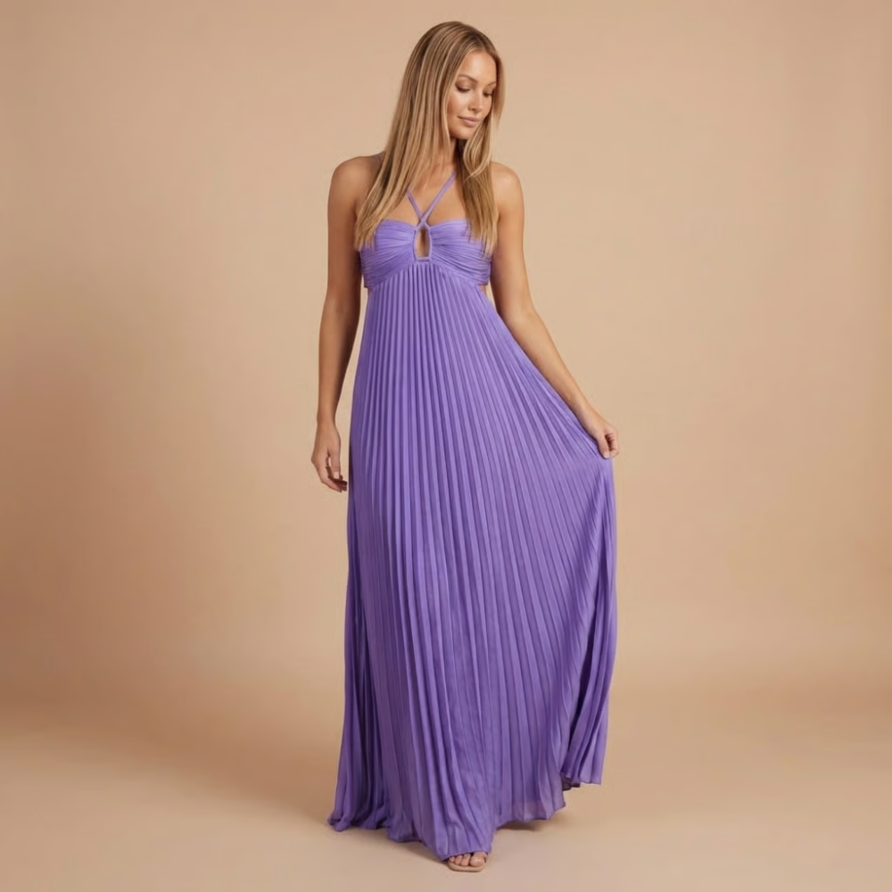Nancy - Pleated Halter Cut-Out Maxi Dress