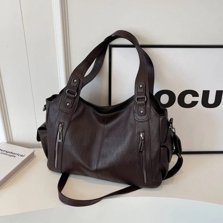 Leather Tote Bag Large Shoulder Handbag Zip Pocket Everyday Spring