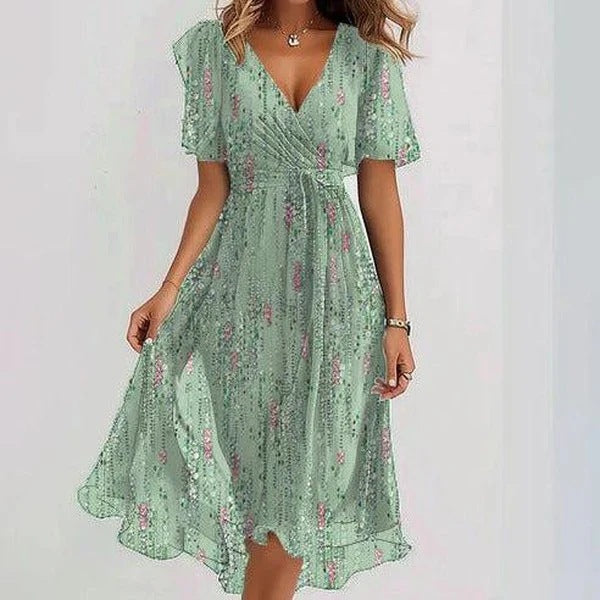 Robe Midi Femme Cache-Cœur à Fleurs – Style A-Line à Manches Courtes