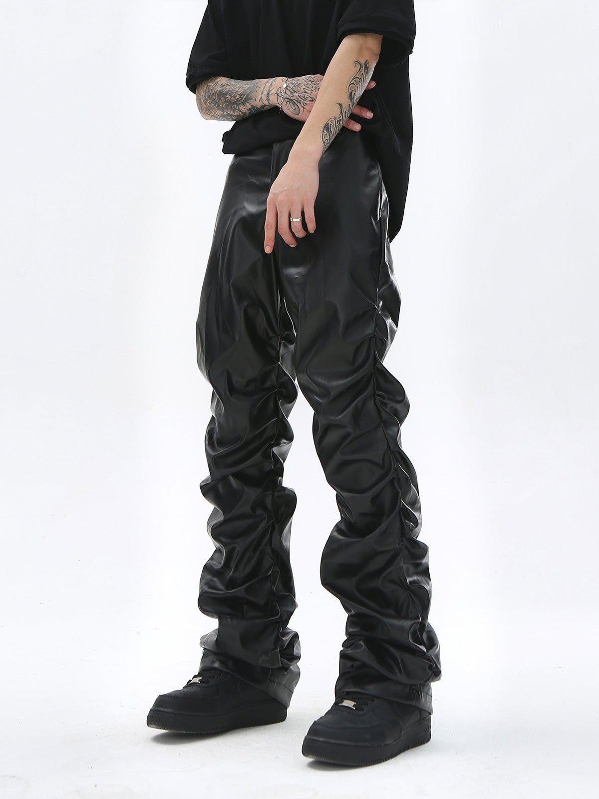 Punk Style Pleated Faux Leather Pants