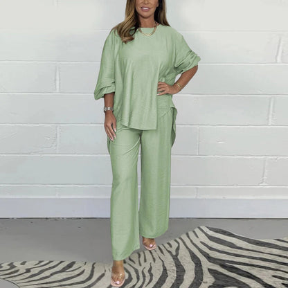 Ensemble d’Été Femme Skyler – Haut Élégant à Manches Courtes & Pantalon Large en Tissu Aérien