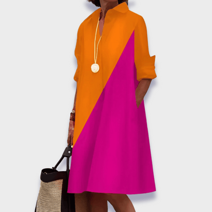 Robe femme polo fluide col chemise manches longues élégante décontractée