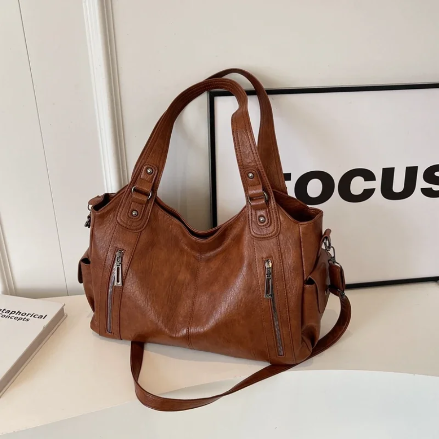 Leather Tote Bag Large Shoulder Handbag Zip Pocket Everyday Spring