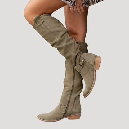 Women's knee-high suede leather boots with a low heel