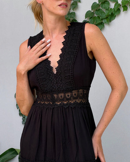 Robe midi femme dentelle col V sans manches fluide élégante été