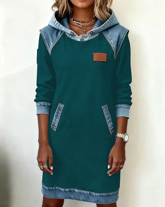 Hooded Sweatshirt Women Fleece Dress Denim Trim Hoodie