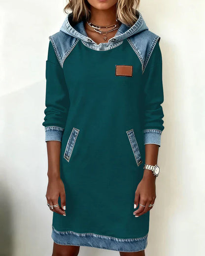 Hooded Sweatshirt Women Fleece Dress Denim Trim Hoodie