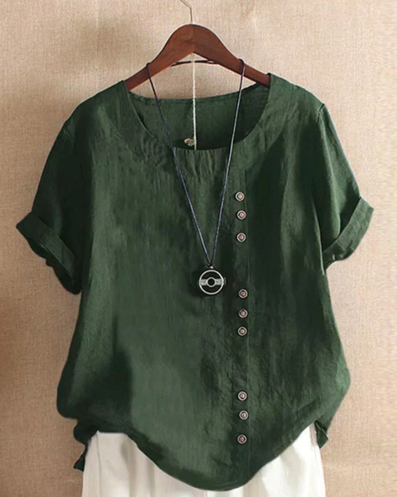 Women's Button Front Crew Neck Short Sleeve Casual Top