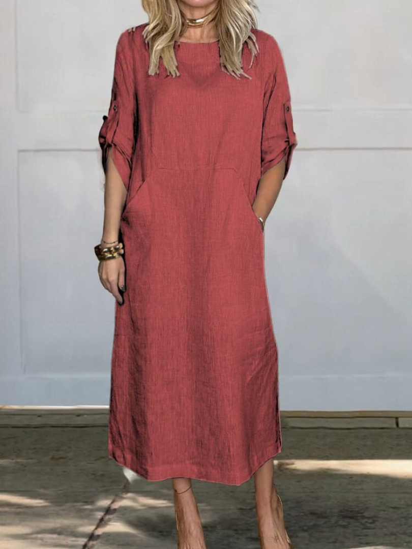 Comfortable plain linen dress with pockets for women