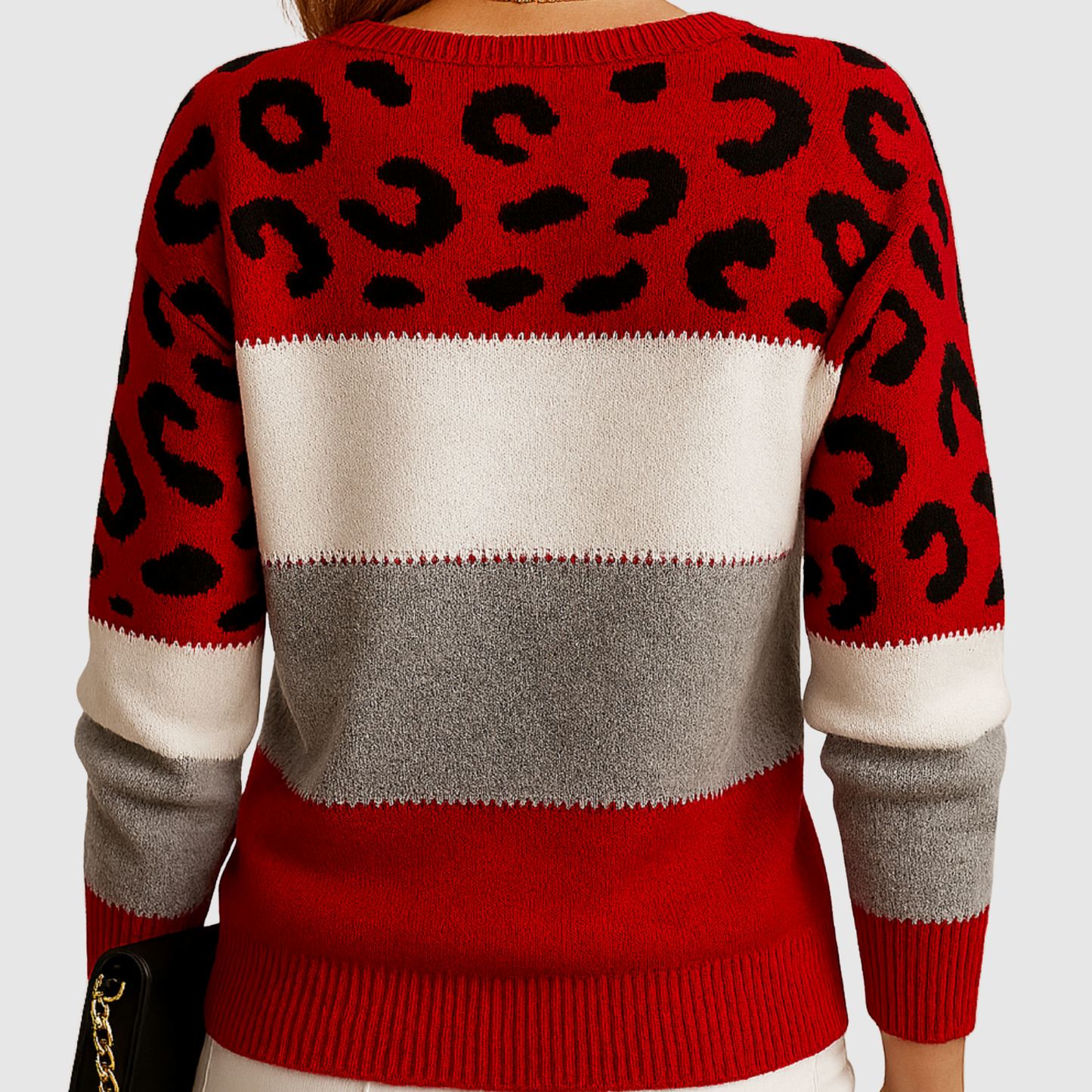 Amelia – Sweter z leopardzim wzorem i kolorowymi blokami