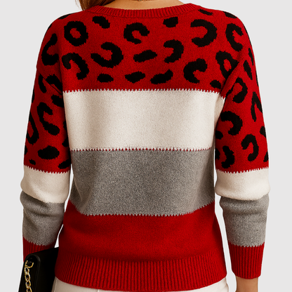 Amelia – Sweter z leopardzim wzorem i kolorowymi blokami