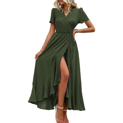 MARJORIE - Cozy Summer Wrap Ruffle Hem Split Maxi Dress