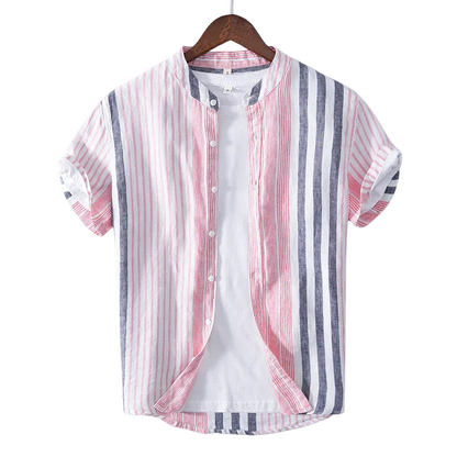 Chemise à manches mi-longues en lin à col rond avec poche poitrine