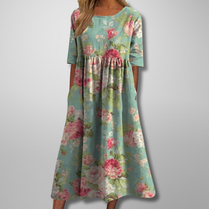 Women's Floral Print Round Neck Midi Dress